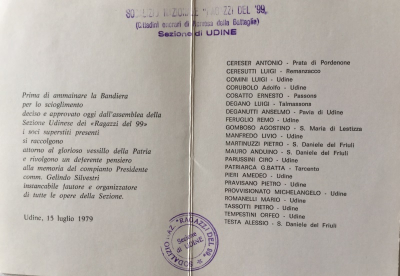 15 luglio 1979, elenco dei partecipanti all'ultimo raduno della sezione di Udine del sodalizio “Ragazzi del '99”