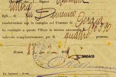 Ricevuta della restituzione della tessera annonaria, Roma 28 marzo 1919, poco prima della partenza per Gorizia della famiglia Nardini