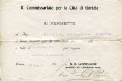 Permesso di libero transito in città, nelle ore di coprifuoco, 3 ottobre 1916 a firma del Regio Commissario per Gorizia