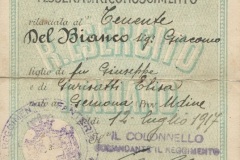 Tessera di riconoscimento del Tenente Del Bianco Giacomo del 129 reggimento di Fanteria, Brigata Perugia, 12 luglio 1917 (fronte)